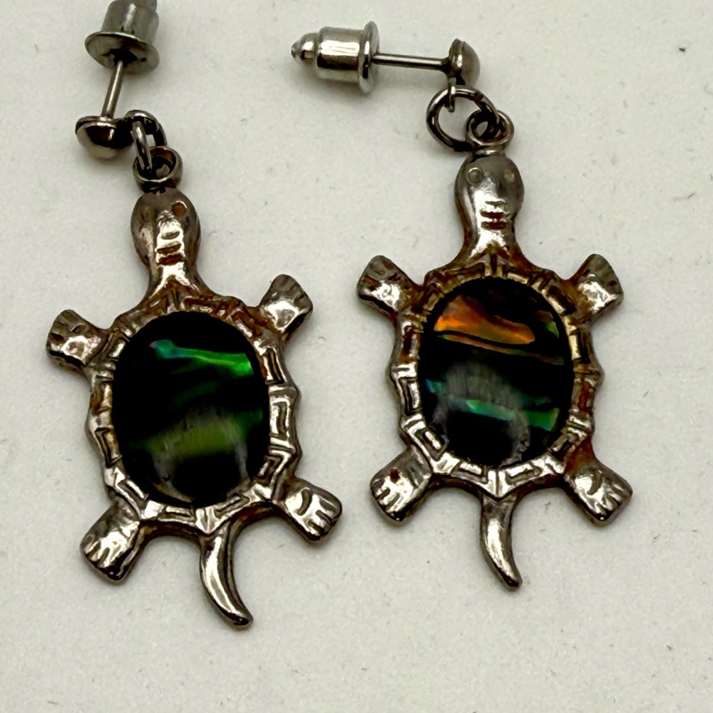 Silver Tone Turtle Earrings with Abalone Inlay